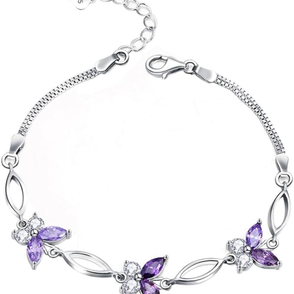 Elegant Purple Butterfly Charm Bracelet In S925 Silver - Thoughtful Gift For Her